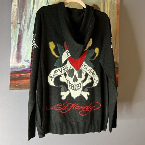 ED HARDY L Hooded Wool Blend Zip Knit Sweater Cardigan Scull LOVE KILLS SLOWLY - Picture 3 of 14